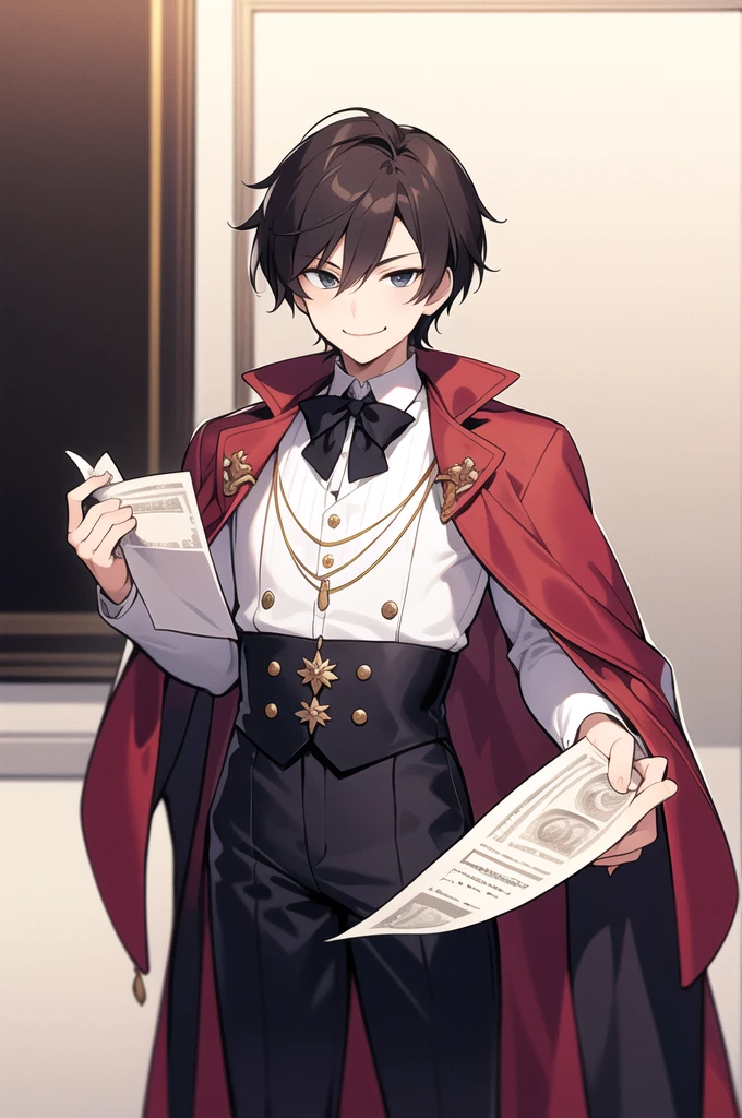 masterpiece, best quality, 1boy, solo, young, smug smirk, inside study, dressed like noble boy, hat, holding paper money