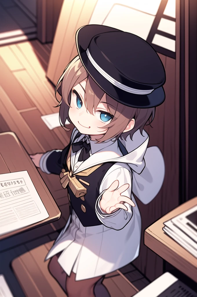 masterpiece, best quality, 1boy, solo, young, smug smirk, inside study, dressed like noble boy, hat, holding paper money