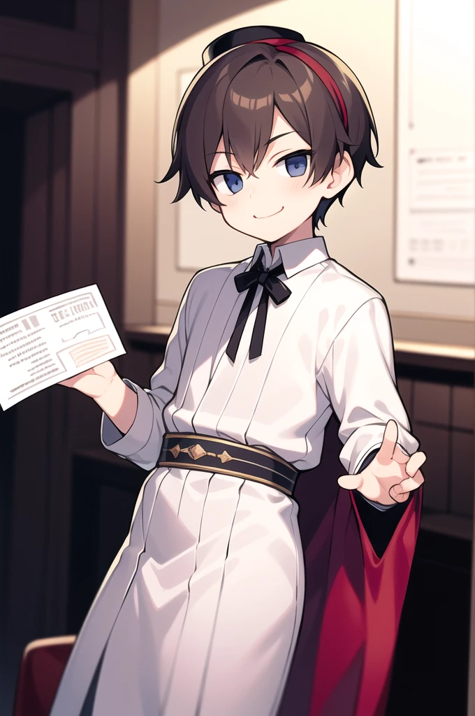 masterpiece, best quality, 1boy, solo, young, smug smirk, inside study, dressed like noble boy, hat, holding paper money
