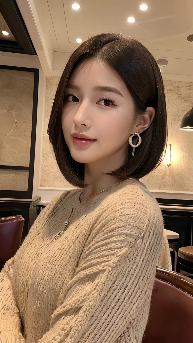 (ultra high resolution:1.5)(Super detailed:1.3) (super high quality) (super high quality:1.5) (realistic pictures:1.3) japanese woman　19 years old　((Detailed and beautiful facial features:1.3)) ((realistic skin texture:1.say exactly, high quality eye:1.3)) ((The beauty of detailed and high-quality ears:1.3)) ((Beautiful skin that is very fair and transparent:1.3)) ((Beautifully groomed straight short bob hair:1.3))complete body　beautiful proportions　(Trend Fashion) (Off-shoulder navy blue knit made of rough rope)  The background is the inside of a cafe at dusk.　front facing, beautiful depiction, Luxurious and stylish interior　((happy viewers&#39;eye)) wet half-open lips　 Feminine, soft and gentle shoulders　big breasts　Not sure　((cute)) (stunning high resolution images) Girls are very interested in men&#39;s bodies&#39;body of