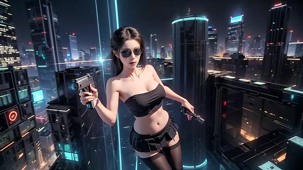 at night, futuristic sci-fi cyberpunk city, broad viaduct, skyscrapers at the end of the viaduct, the movie "13th Floor" style, hq. Matrix style, at night, (1girl, solo), photo realistic, (large-breast:1.2 slim body, cleavage), (((tube top, extreamly short pleated (((miniskirt))) exposing panty))), (((((matrix style black sunglasses))))), (((((aiming at camera with a (pistol)))))), (((half-body (thigh level) medium shot))), (cinematic lighting).