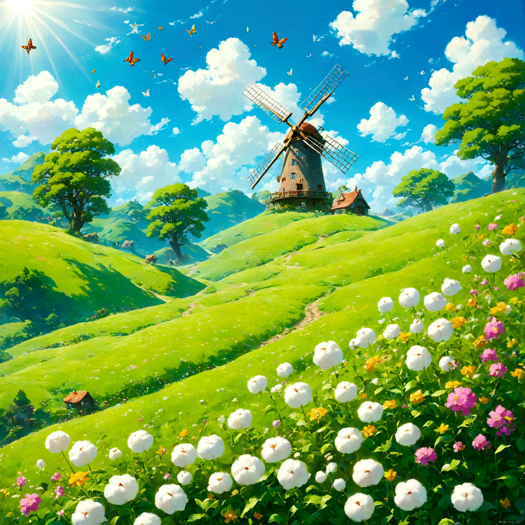 The sunshine is shining々and pouring down、緑いっぱいの広大なgrassland。なだらかなhill陵地帯には、Colorful flowers bloom profusely、A butterfly is flying happily。In the distance、It looks like it jumped out of a picture book、おもちゃのHome々やwindmillが見える。In the sky、White clouds like cotton candy floated、There is a peaceful and cheerful atmosphere。Beautiful game world, Fantasy, Banjo and Kazooie's Big Adventure, Grand Chuda, grassland, hill, Home, windmill, sunny, Peaceful