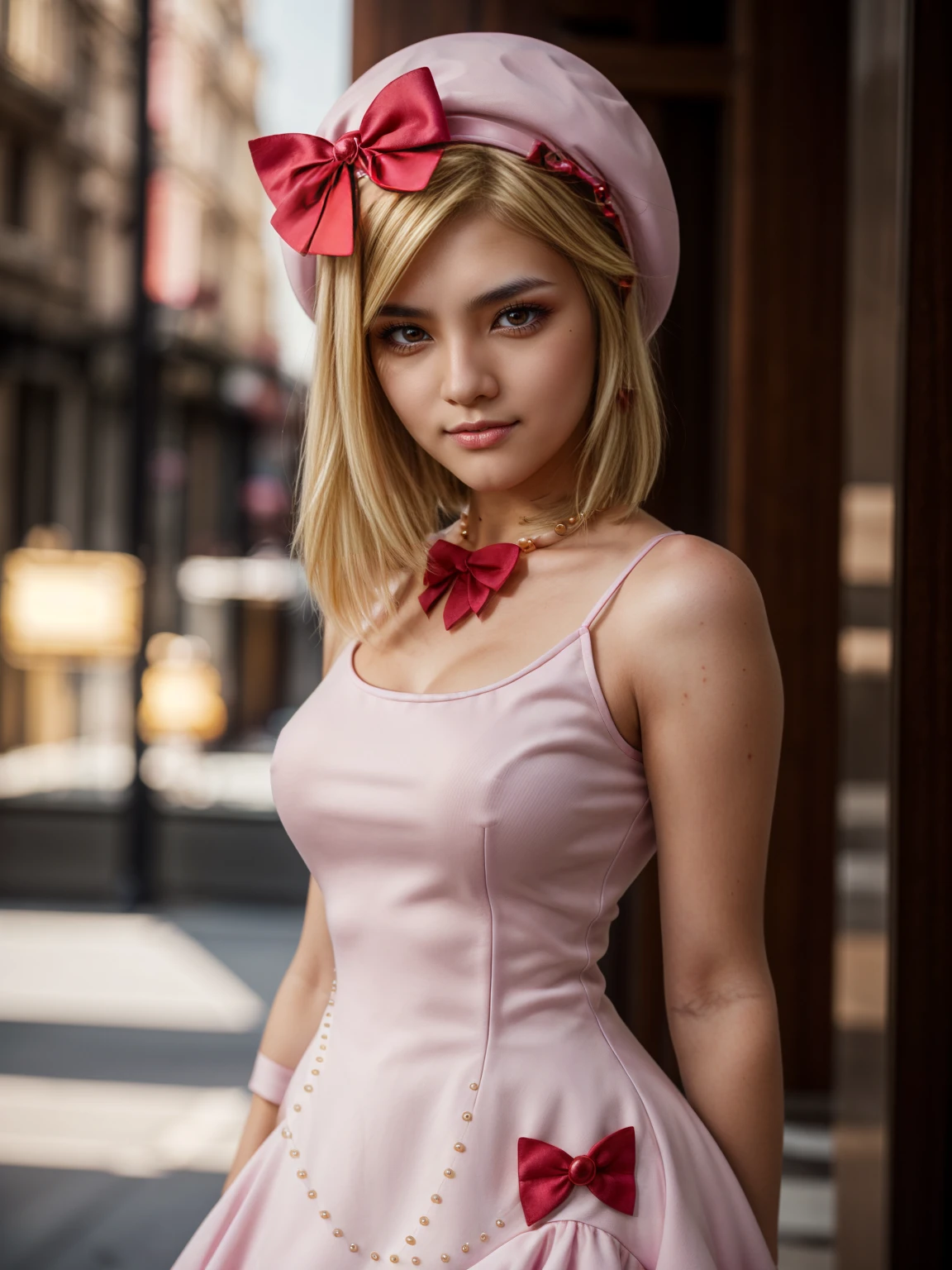 (1 lady), The beautiful, (Best quality at best:1.4), (ultra - detailed), (extremely detailed CG unified 16k), gold blonde hair, very detailed, High-definition RAW color photo, professional photoshooting, amazing face and eyes, cosmetics, (amazingly beautiful girl), ((lambdadelta, tall woman, taller)), ((dress, red bow, pink hat, necklace, gloves, pearl, pink dress)), standing, realistic cinematic face, photo portrait, upper body (shoulders to head), photorealistic, ((realistic natural blonde hair style, red eyes)), gorgeous, extremely beautiful face, perfect model beauty, pout mouth, flirting smile, cleavages, city girl, western, (masterpiece), best quality, high resolution, extremely detailed, blurred background, depth of field, cinematic lighting, clear and well-cared skin