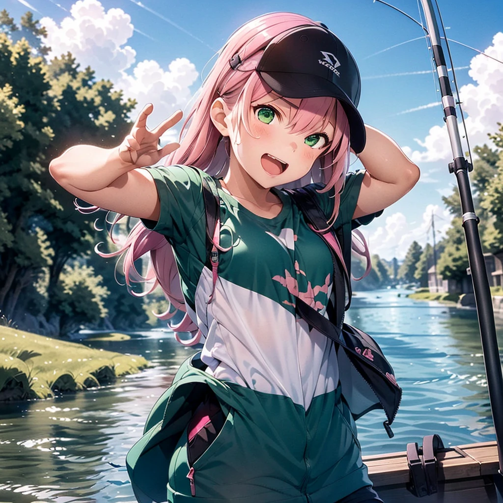 (1 Girl: 1.1) ,((Pink Hair)),((Green Eyes)), Angler, With fish, Expression of joy, hat, river, Fishing poles on a boat