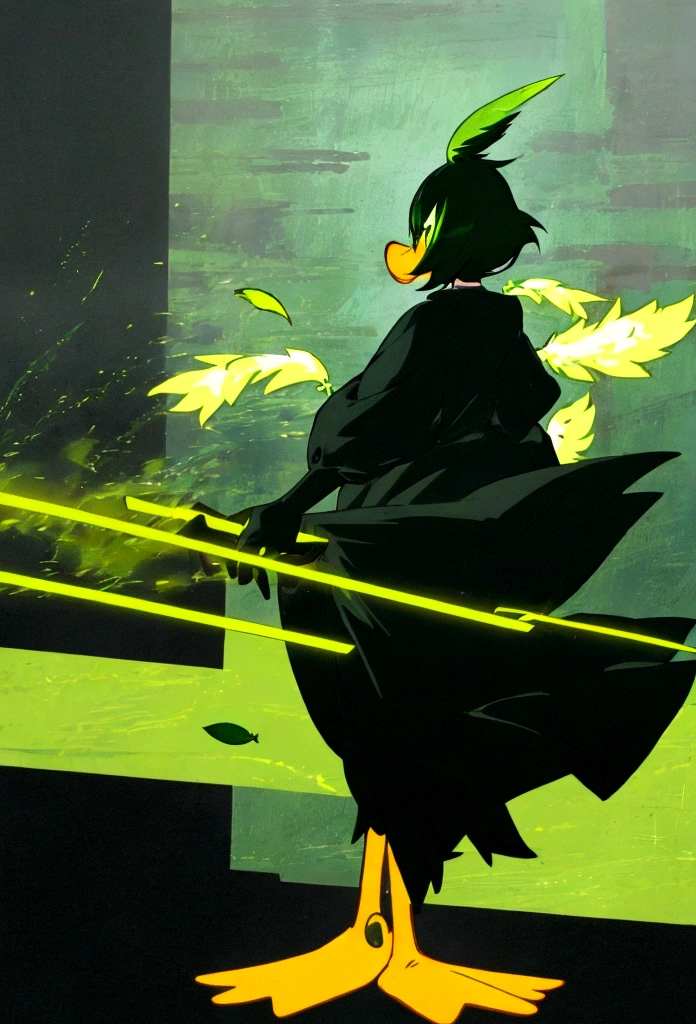 an anime-style humanoid duck with green feathers wearing black clothing