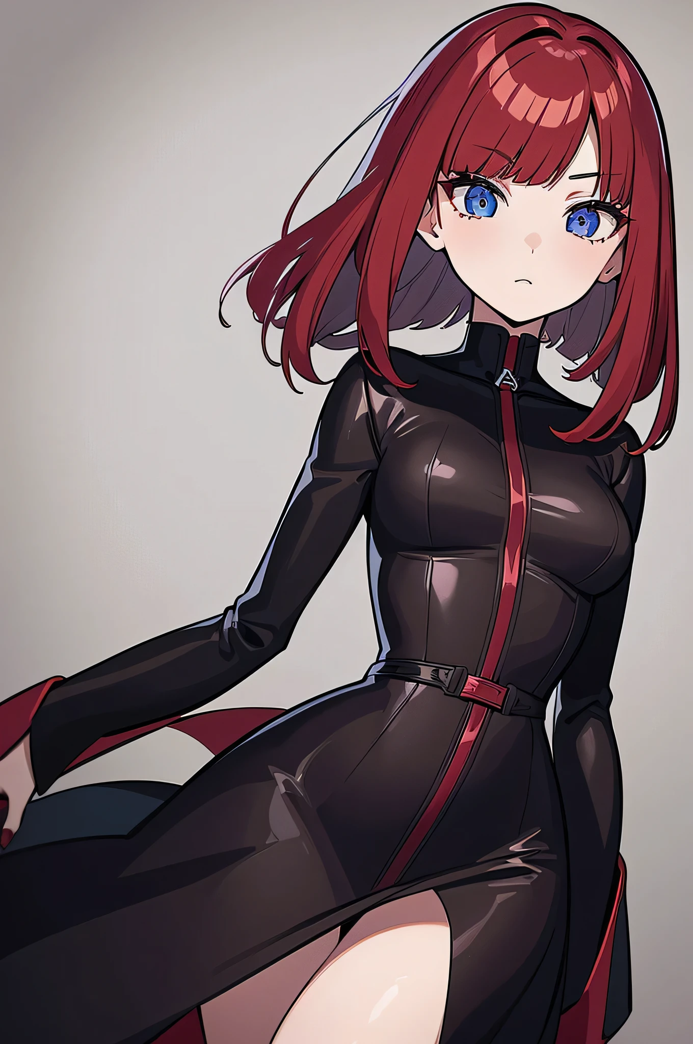a beautiful girl with long red hair wearing a black dress, detailed facial features, bob haircut, full-body illustration, a woman wearing a long black and red coat, solo character, white background, anime style, extremely detailed, photorealistic, 8K, best quality, masterpiece, blue eyes, short hair