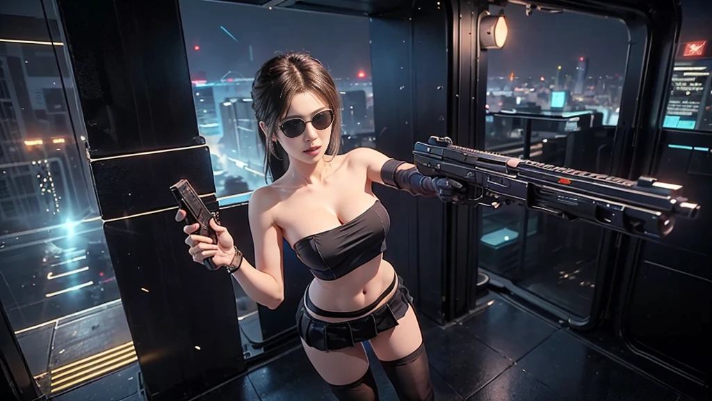 at night, futuristic sci-fi cyberpunk city, broad viaduct, skyscrapers at the end of the viaduct, the movie "13th Floor" style, hq. Matrix style, at night, (1girl, solo), photo realistic, (large-breast:1.2 slim body, cleavage), (((tube top, extreamly short pleated (((miniskirt))) exposing panty))), (((((matrix style black sunglasses))))), (((((aiming at camera with a (pistol)))))), (((half-body (thigh level) medium shot))), (cinematic lighting).