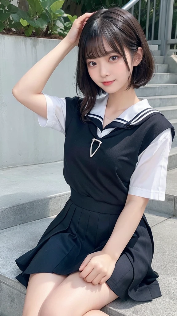 Black Hair、(A loose-fitting school sailor uniform:1.3)、short hair、hair accessory、Laugh a little、See-through、High-quality panties available、(Highest quality,masterpiece:1.3,Ultra-high resolution,),(Ultra-detailed,Caustics),(Photorealistic:1.4,RAW shooting,)Ultra-Realistic Capture,Very detailed,High resolution 16K human skin closeup。 The skin texture is natural、Detailed face and eyes、(Knee Up:1.3)、Sit on the stairy hair sways in the wind、Seductive pose、Inner thighs、Spread your legs、(Showing panties、Pull up your skirt)、Hands on the head、Short sleeve、