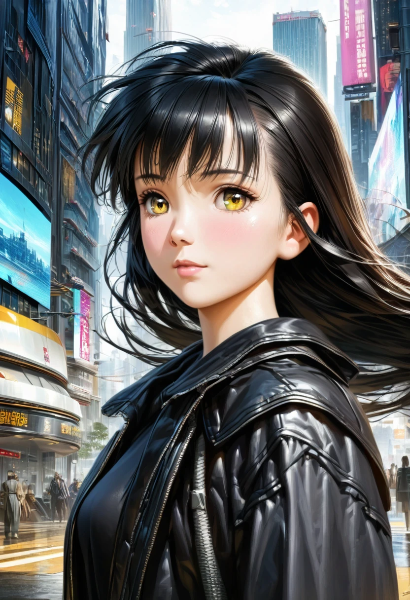 A beautiful young woman with raven-black hair and piercing yellow eyes, 1girl, anime character Takada Ayako, confident and curious expression, flowing hair, modern stylish clothing, futuristic city skyline background, traditional Japanese elements, (best quality,4k,8k,highres,masterpiece:1.2),ultra-detailed,(realistic,photorealistic,photo-realistic:1.37),cinematic,dramatic lighting,vibrant colors,intricate details,concept art style