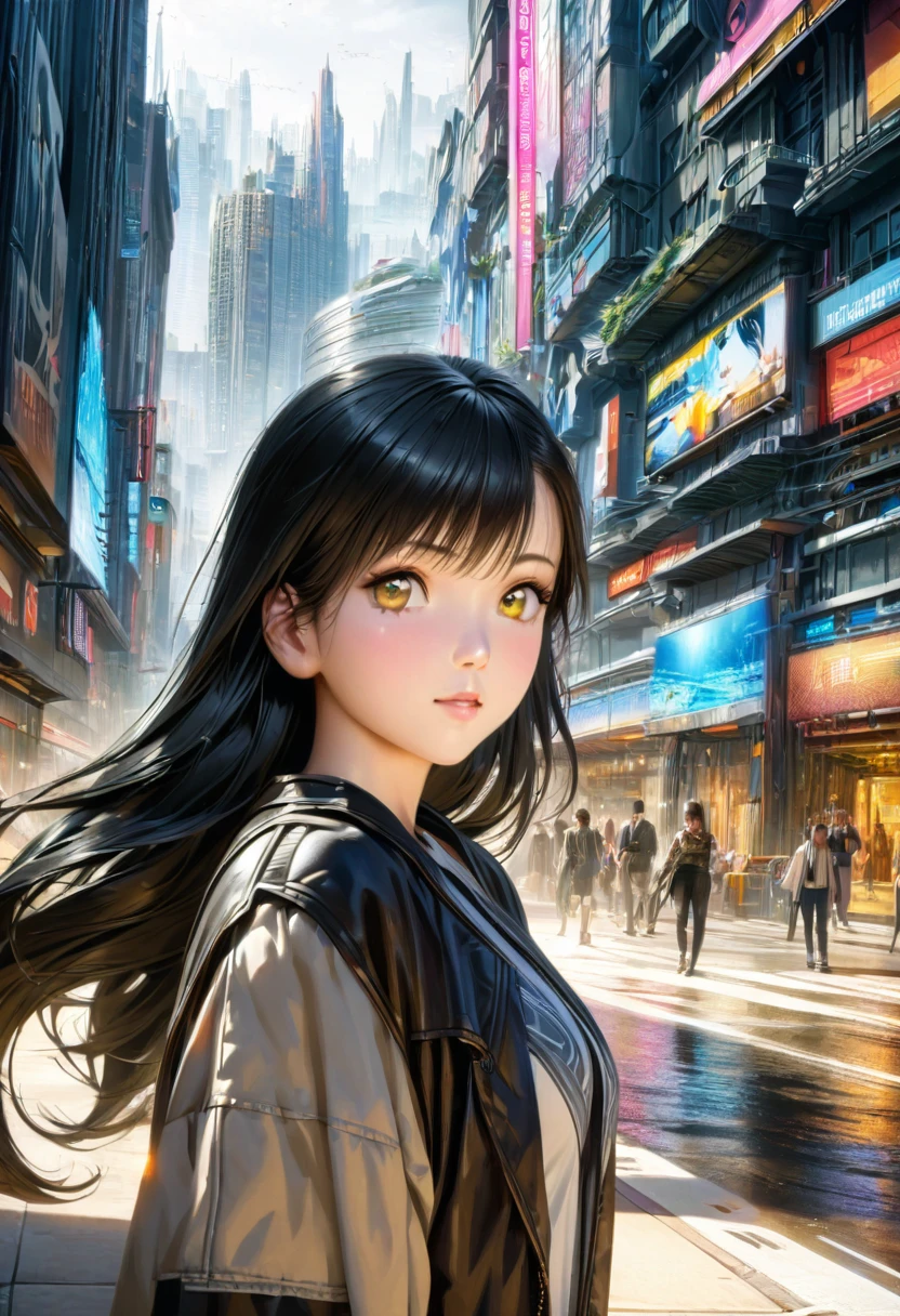 A beautiful young woman with raven-black hair and piercing yellow eyes, 1girl, anime character Takada Ayako, confident and curious expression, flowing hair, modern stylish clothing, futuristic city skyline background, traditional Japanese elements, (best quality,4k,8k,highres,masterpiece:1.2),ultra-detailed,(realistic,photorealistic,photo-realistic:1.37),cinematic,dramatic lighting,vibrant colors,intricate details,concept art style