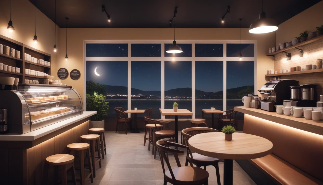 at night a frontal shot of a cozy coffee shop interior with a big window in the center and tables with coffee cups one them