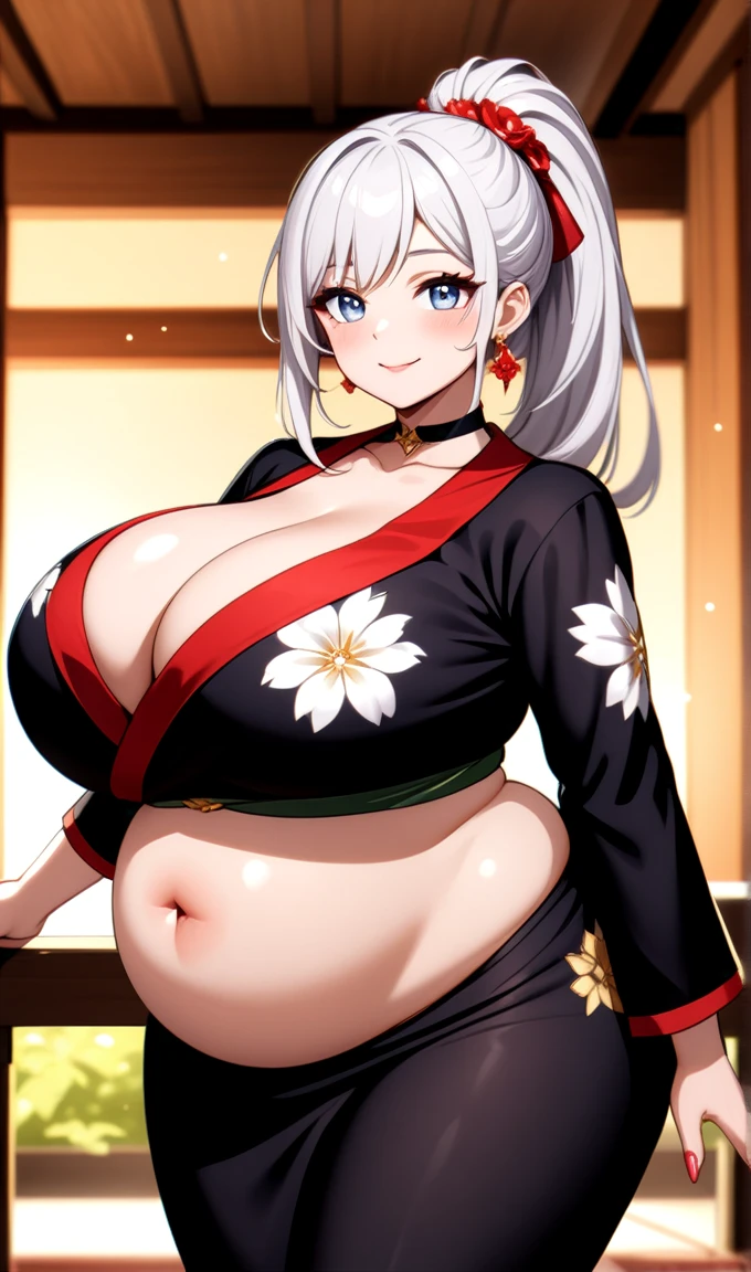 ((One person woman)), Beautiful Face, (Laughing embarrassedly), (seductive smile:1.4), ((wink:1.9)), (head tilt:1.3), Laugh with your mouth wide open, upper teeth, looking at viewer, ((Bright red cheeks:1.4)),Glossy Red Lips,Night view, High veranda, firework, Glossy red lips, Shining Face, ((Anime style background)),masterpiece, Highest quality, so beautiful,up to date, complex details, (Pink long nails),(ring),(bracelet),(Floral choker),AI-generated, complex,High resolution, Highest quality, super high quality,3D Images、3D Images,one person,Long white hair,High Ponytail, Anime woman posing for a photo,(blue eyes), ((Fine grain、Silvery white, lightly pigmented eyes、Shining Eyes:1.3)), (Squint your eyes:1.1),a hyperRealistic , hyperRealistic , Realistic,Anime woman with long white hair, Smooth anime CG art, A woman in a colorful kimono with gold embroidery, ((Black long sleeve kimono)),Red floral pattern,Long flower hair ornament,Earrings,Mature Body,(Big Breasts:1.1),Tall,Abdominal muscles,Tight waist, (face focus), (looking away), (from behind), massive belly, huge belly, enormous belly, giant belly, massive belly, huge belly, enormous belly, giant belly, massive belly, huge belly, enormous belly, giant belly, massive belly, huge belly, enormous belly, giant belly, massive belly, huge belly, enormous belly, giant belly, massive belly, huge belly, enormous belly, giant belly, massive belly, huge belly, enormous belly, giant belly, massive belly, huge belly, enormous belly, giant belly, massive belly, huge belly, enormous belly, giant belly, massive belly, huge belly, enormous belly, giant belly, massive belly, huge belly, enormous belly, giant belly, massive belly, huge belly, enormous belly, giant belly, massive belly, huge belly, enormous belly, giant belly, massive belly, huge belly, enormous belly, giant belly, massive belly, huge belly, enormous belly, giant belly,