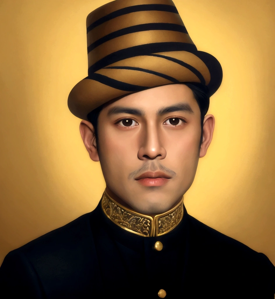 painting of a man in a hat and jacket with a gold background, inspired by Carlos Saenz de Tejada, traditional portrait, inspired by Basuki Abdullah, brown skin man egyptian prince, detailed color portrait, inspired by Benito Quinquela Martín, inspired by Altoon Sultan, inspired by Carlos Francisco Chang Marín, jotaro kujo