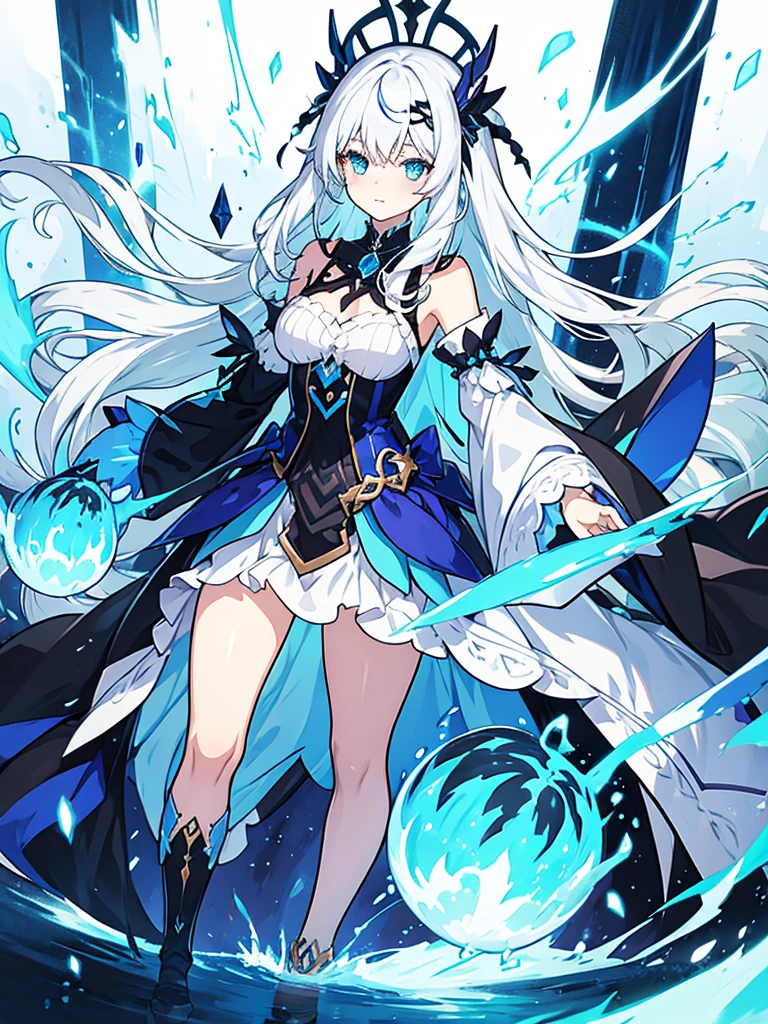 fantasy world girl with colorful hair, accessories, detailed clothes, white hair, dark blue eyes, blue and black clothes