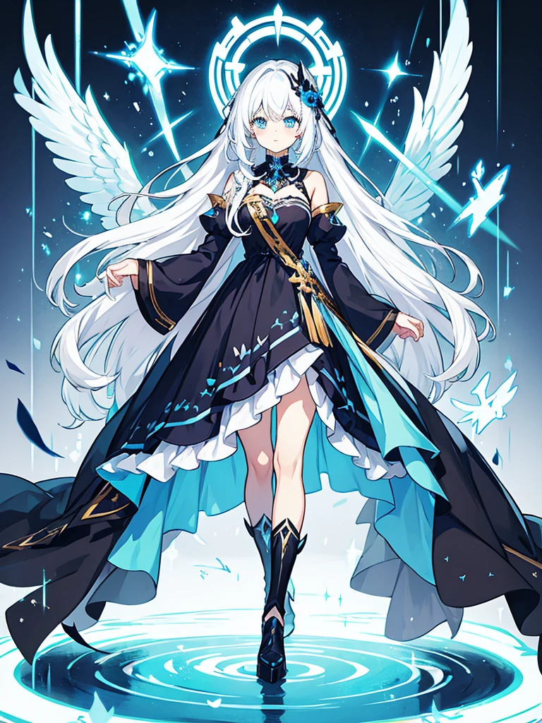 fantasy world girl with colorful hair, accessories, detailed clothes, white hair, dark blue eyes, blue and black clothes