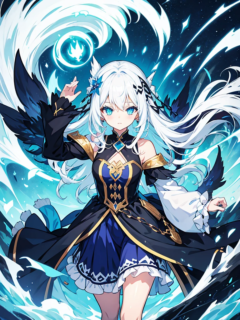 fantasy world girl with colorful hair, accessories, detailed clothes, white hair, dark blue eyes, blue and black clothes