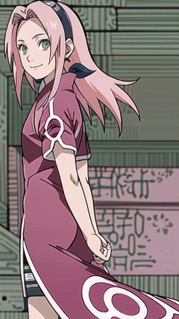masterpiece, best quality, 1girl,haruno sakura, pink hair, long hair, green eyes,  short sleeves, upper body, looking at viewer, sketch, smile, solo, simple background  