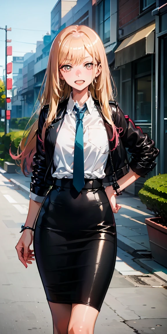 Marin Kitagawa,(best quality:1.6, highres), (beautiful detailed eyes:1.2), elevated, high-quality, beautiful face, 1 girl, leather pencil skirt, oversized leather jacket, blackbird, long hair, wide hips, landscape beautification, street, background, detailed background, sinister smile, angled laughter, long coat, blouse, tie, office woman, mature