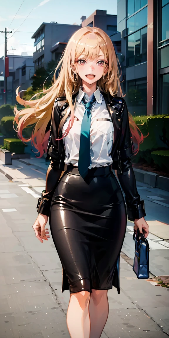 Marin Kitagawa,(best quality:1.6, highres), (beautiful detailed eyes:1.2), elevated, high-quality, beautiful face, 1 girl, leather pencil skirt, oversized leather jacket, blackbird, long hair, wide hips, landscape beautification, street, background, detailed background, sinister smile, angled laughter, long coat, blouse, tie, office woman, mature