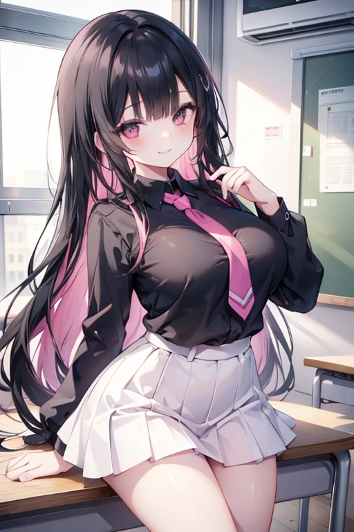 young girl, black hair on the outside and pink hair on the inside, pink eyes,beautiful and detailed eyes, big breasts, long hair, sadistic smile, black shirt, white mini skirt, (classroom)