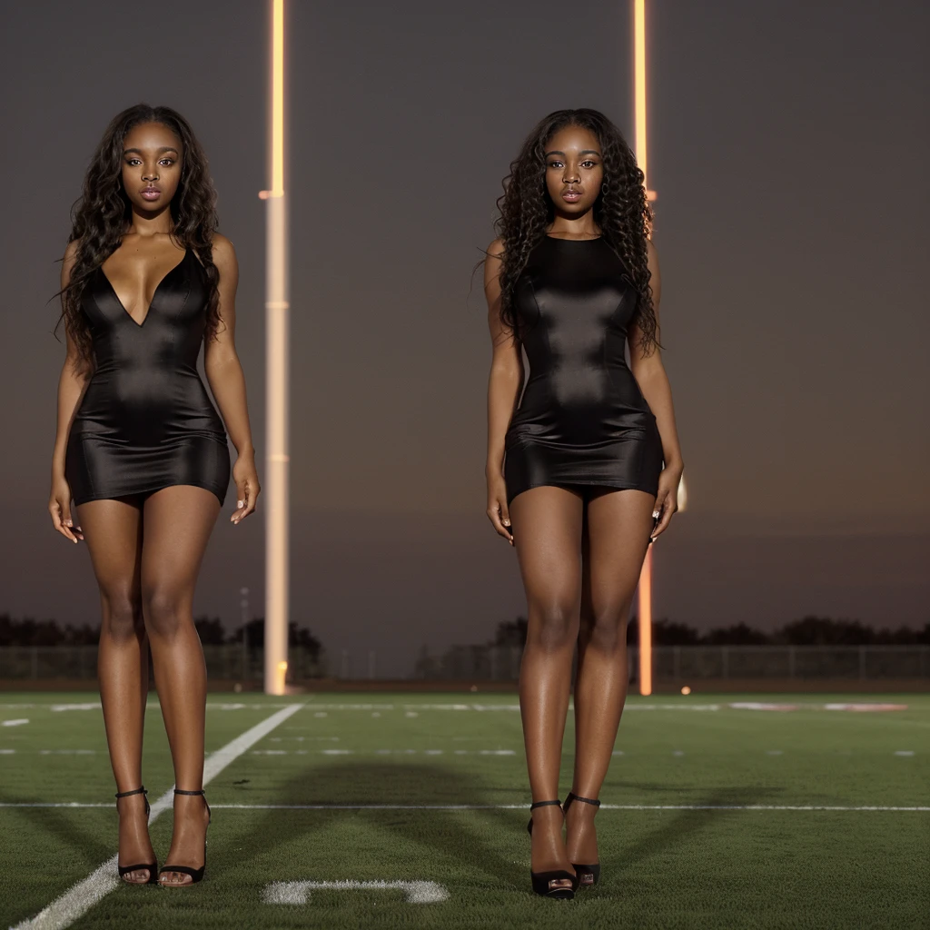 5'4 black female, ultrarealistic, light brown skin, long dark curly hair, with hazel eyes, in a revealing dress, standing on a football field at night, wearing high heels