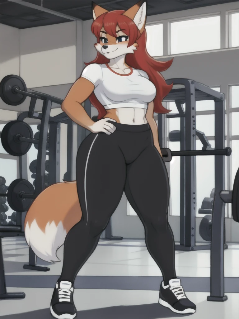 Furry, fox, female, white shirt, black leggings, shoes, gym, , standing, full body