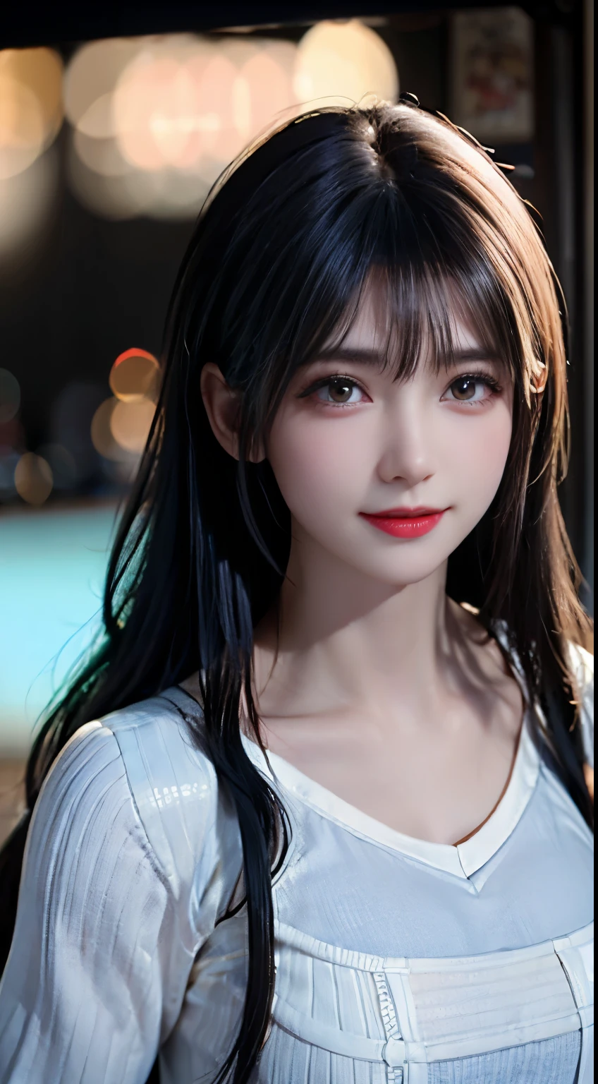 (logo, masterpiece, 8K, Tabletop, RAW Photos, wonderful, 最high quality, Photorealistic and very detailed CG composite 8k wallpaper, high quality, Very detailed, Narrative poem, Particle Effects, Dynamic Effects, Depth of the Boundary, Cinematic Light, Lens flare, Ray Tracing), short hair beautiful young woman, Hair tied back, high detail skin, very fine, fine skin texture, beautiful face, realistic eyes, beautifully detailed eyes, realistic skin, beautiful skin, surreal, smiling eyes, Hair and light eyes, Vibrant, Colorful lights and bokeh. The lighting casts a warm glow on her face and hair, Blue glow, Water surface reflection, Creates a dreamy and magical atmosphere, Big Breasts, Brown Hair, short hair, plump lower lip, pink blush on the cheeks , pink lips, brown tight no-shoulder knit sweater