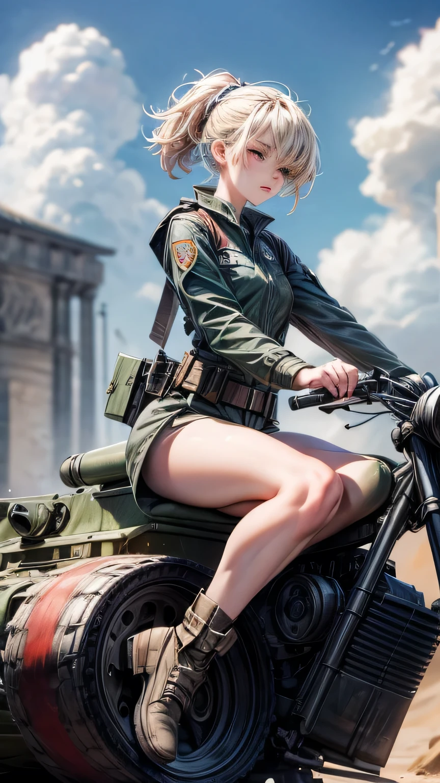 8k quality, RAW photo, highest quality, photorealistic, cinematic light, battlefield, scenery with fighter jets flying, tank, beautiful girl riding a small tank, 16 year old beautiful girl, skull mark Tank, riding a tank, beautiful girl, female soldier fighting, cute lips, handsome face, natural makeup, very detailed skin, beautiful details, no people in the background, frontal shot, gentle eyes, full body shot, very slim,