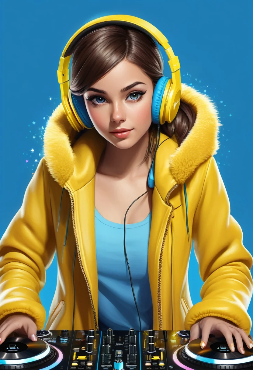 YouTube Channel Art Prompt Dimensions: 2,560 x 1,440 pixels Primary Color: Blue Main Character: A realistic girl Eyes: Sparkling brown Clothing: Yellow coat Accessories: blue headphones Scene: Description for the Artist Create a YouTube channel art with the following specifications: Background Color: Predominantly blue, with varying shades to add depth and interest. Character: A realistic depiction of a girl with sparkling brown eyes. She is wearing a vibrant yellow coat that stands out against the blue background. She has yellow headphones on, adding a stylish and cohesive look. Scene: The girl should be actively mixing music on a DJ table, with her hands on the controls and an expression of concentration and joy. Style: Realistic, with attention to detail, especially in the girl’s facial features and the texture of her clothing and headphones. Incorporate elements that convey a dynamic and energetic atmosphere suitable for a music-related YouTube channel.
