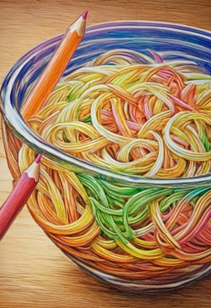 (color pencil drawing:2.5)（Beautiful background）Somen noodles served in a glass bowl