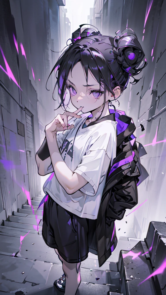 boy, thoughtful look, open forehead, black and purple hair braided into a ponytail on the left side in a bun. small curly black horns wrapped in white ribbon, pale violet eyes, short dark purple shorts. Long white t-shirt. dark purple knee socks. dark purple hooded robe. dark corridor with stairs, rays of light falling