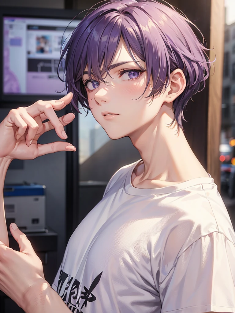 boy, purple lavender eyes, beige hair. sadistic, t shirt. he so arrogant. handsome man. very short hair. like a man. gentleman. tall man. like a prince. his bangs hair is combed to the side. the back hair is very short like a man. wear t shirt. bad boy. background in town. SLEEK COMMA HAIR, face forward
