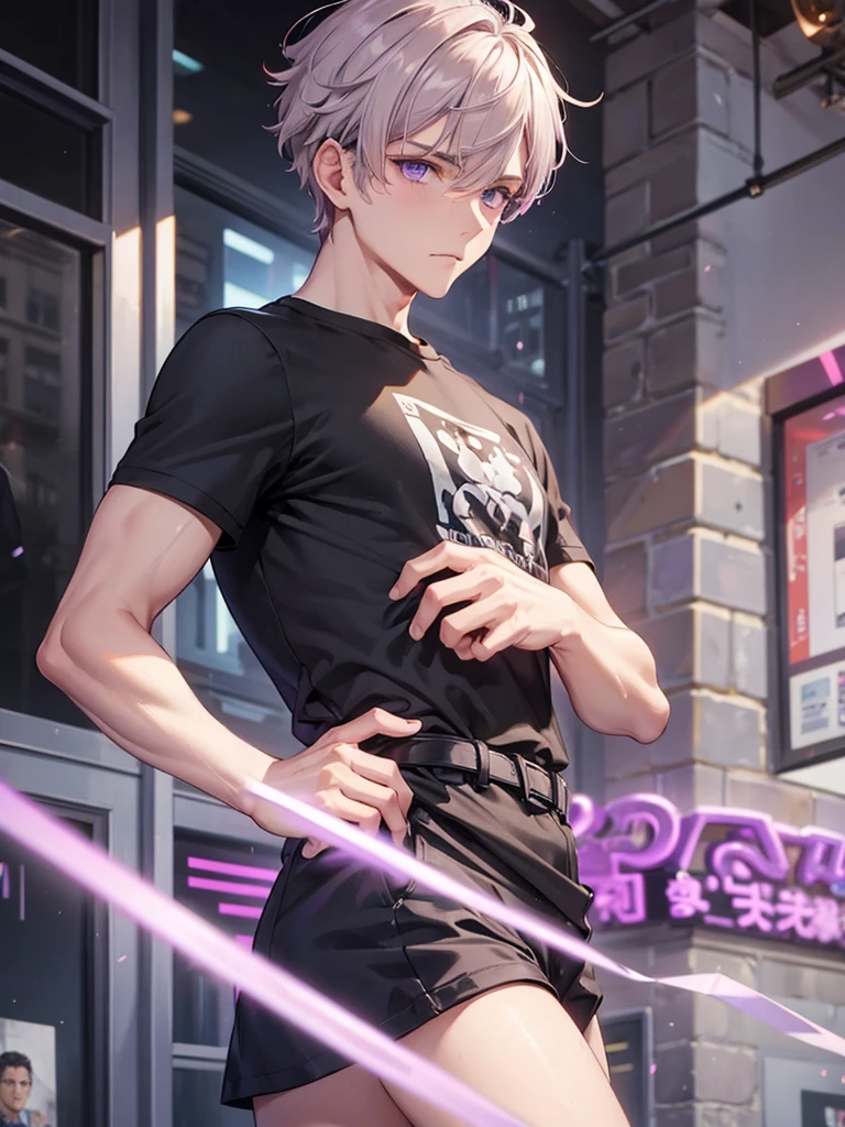 boy, purple lavender eyes, beige hair. sadistic, t shirt. he so arrogant. handsome man. very short hair. like a man. gentleman. tall man. like a prince. his bangs hair is combed to the side. the back hair is very short like a man. wear t shirt. bad boy. background in town. SLEEK COMMA HAIR, face forward