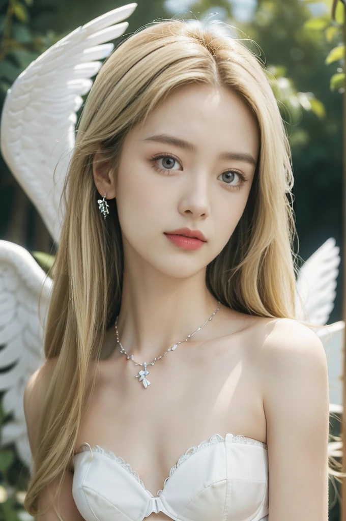 (((best quality))), (((ultra detailed))), (((masterpiece))), illustration,((1 beautiful ,solo,angel)),((fair skin,shoulder length straight blonde hair,blue eyes)),(earrings,crystal necklace),((slim,thin,small breasts,flat chest)),joyful expression,(white wings:1.3),(strapless white sheer bra:1.3),((In heaven, garden setting)), vibrant flowers,(colorful flowers:1.3),lush grass, gentle breeze, (clear sky, fluffy clouds, shining sun),((from front,close-up of face)),