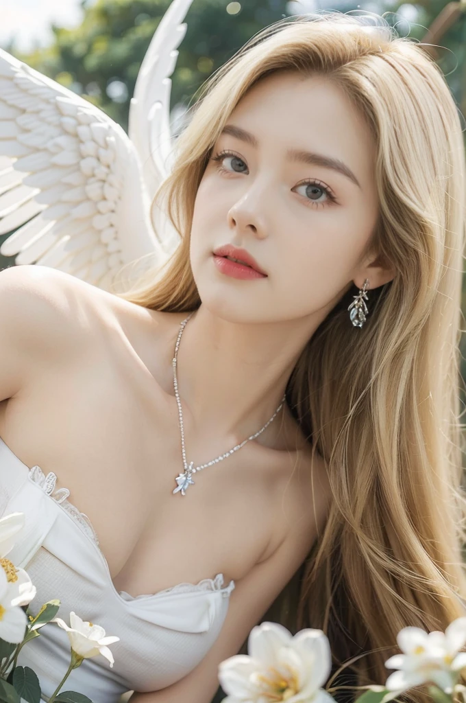 (((best quality))), (((ultra detailed))), (((masterpiece))), illustration,((1 beautiful little girl,solo,angel)),((fair skin,shoulder length straight blonde hair,blue eyes)),(earrings,crystal necklace),((slim,thin,small breasts,flat chest)),joyful expression,(white wings:1.3),(strapless white sheer bra:1.3),((In heaven, garden setting)), vibrant flowers,(colorful flowers:1.3),lush grass, gentle breeze, (clear sky, fluffy clouds, shining sun),((from front,close-up of face)),