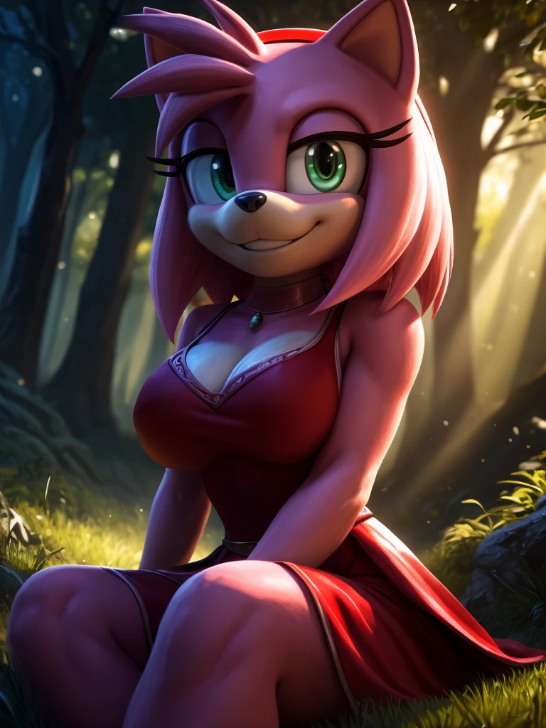 (mature:1.2) Style-Princess, ultra detailed, perfect face, sexy face, expressive eyes, FurAffinity furry female, antromorfic,  , sweet smile, gentle look, blush, solo, long pink hair, green eyes, slender body, red dress white parts, large breasts, fur pink, pink skin, sitting on the grass, posing, looking at the viewer, forest clear open sky background, 15 years old, 3nid_14, masterpiece, best quality, highest quality, cinematic lighting, (volumetric lighting), extremely detailed CG unity 8k wallpaper, focused, 8k wallpaper, 4k wallpaper, extremely detailed, ultra realistic, photorealistic, sharp focus, absurd res, (HDR:1.2), (high contrast), photograph, detailed and intricate, instagram, portrait, highly detailed, digital painting, art station, concept art, smooth, sharp focus, illustration, cinematic lighting, amy rose, 