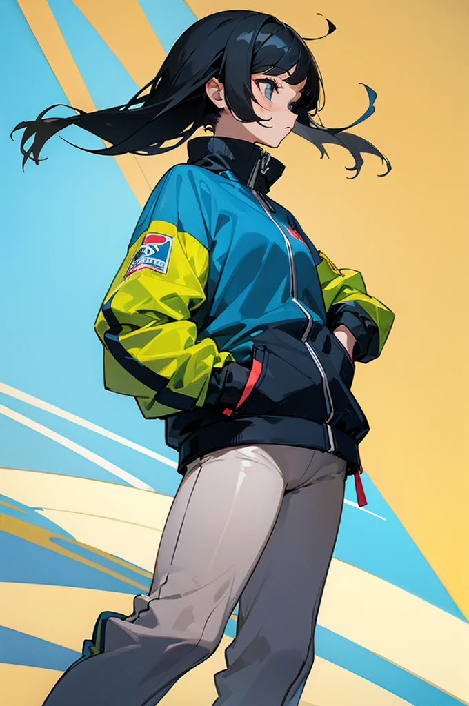 Side Bangs hair, 1Girl, sportwear, Black hair, hands in pockets