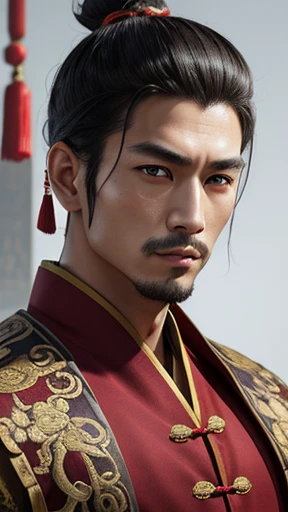 Oriental、Man in plain ancient Chinese costume、Ancient Chinese hairstyle man、Highest quality、masterpiece、Ultra-high resolution、(Realistic:1.4)、Game Poster、Crisp and beautiful image quality,Embroidered cloth wrapped around a topknot、