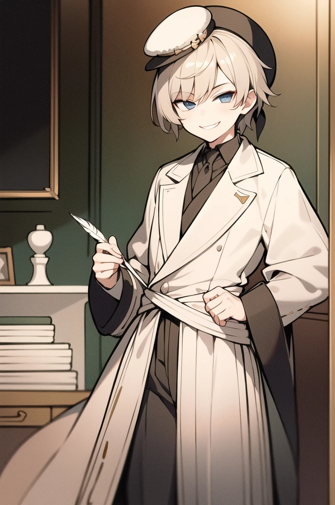 masterpiece, best quality, 1boy, solo, young, smug smirk, inside study, dressed like noble boy, feather in hat
