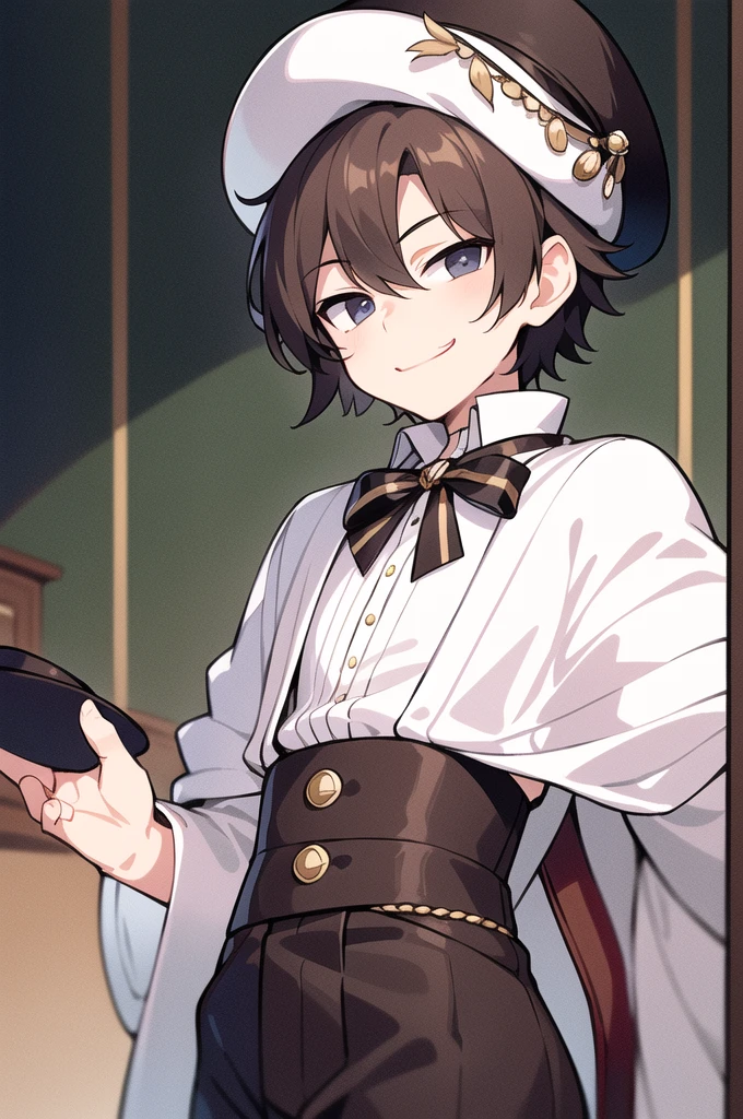masterpiece, best quality, 1boy, solo, young, smug smirk, inside study, dressed like noble boy, feather in hat