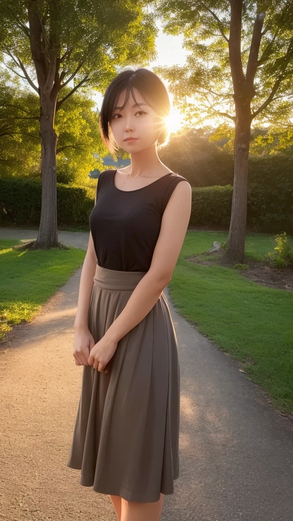 ((Best quality))((realistic))((full body))((face detail))A girl. Short black hair .long skirt. Sunset . Shadow shading . trees