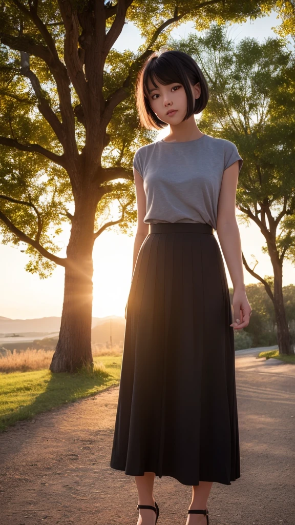 ((Best quality))((realistic))((full body))((face detail))A girl. Short black hair .long skirt. Sunset . Shadow shading . trees