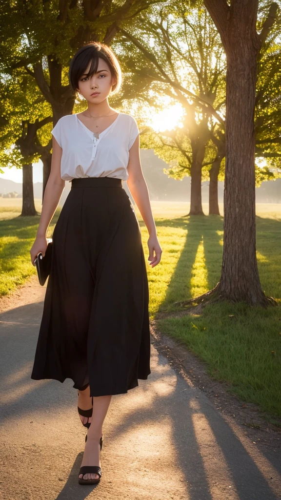 ((Best quality))((realistic))((full body))((face detail))A girl. Short black hair .long skirt. Sunset . Shadow shading . trees