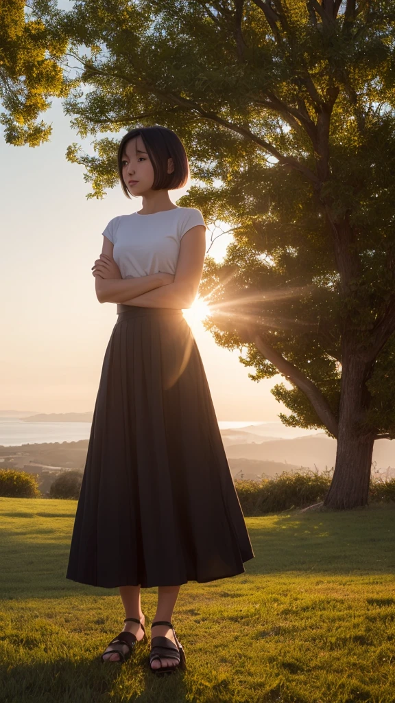 ((Best quality))((realistic))((full body))((face detail))A girl. Short black hair .long skirt. Sunset . Shadow shading . trees