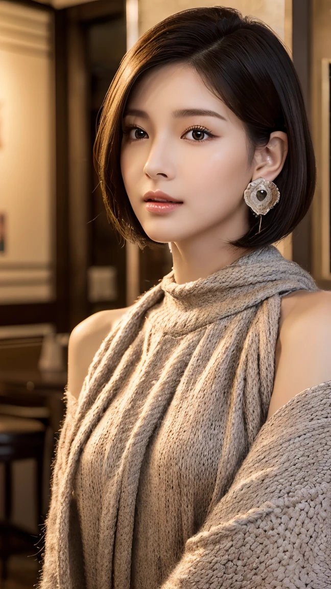 (ultra high resolution:1.5)(Super detailed:1.3) (super high quality) (super high quality:1.5) (realistic pictures:1.3) japanese woman 19 years old ((Detailed and beautiful facial features:1.3)) ((realistic skin texture:1.say exactly, high quality eye:1.3)) ((The beauty of detailed and high-quality ears:1.3)) ((Beautiful skin that is very fair and transparent:1.3)) ((Beautifully groomed straight short bob hair:1.3))complete body beautiful proportions (Trend Fashion) (Off-shoulder navy blue knit made of rough rope) The background is the inside of a cafe at dusk. front facing, beautiful depiction, Luxurious and stylish interior ((happy viewers'eye)) wet half-open lips Feminine, soft and gentle shoulders big breasts Not sure ((cute)) (stunning high resolution images) Girls are very interested in men's bodies'body of
