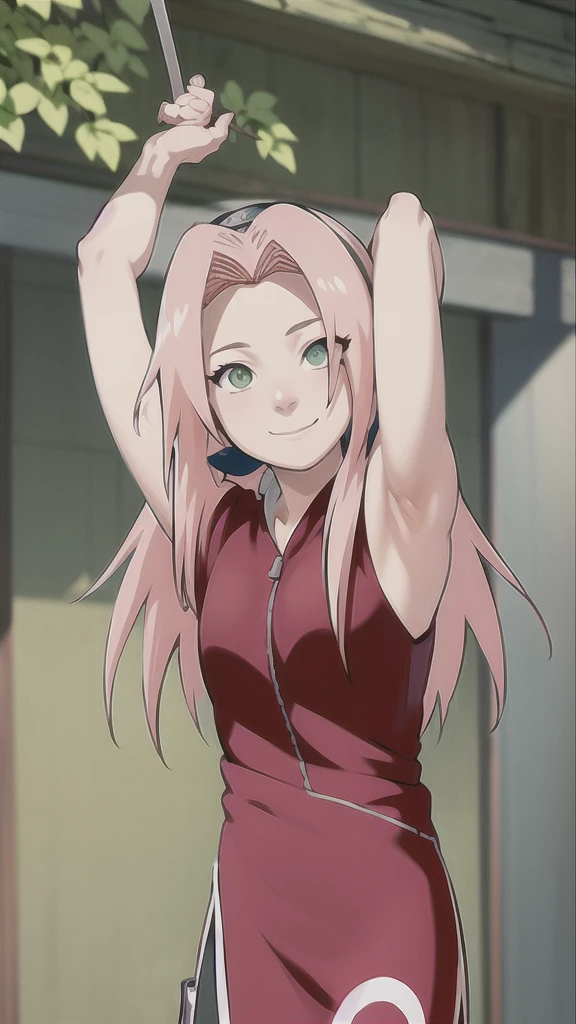 masterpiece, best quality, 1girl,haruno sakura, pink hair, long hair, green eyes, short sleeves, upper body, looking at viewer, sketch, smile, solo, simple background armpits, focus on armpits, arms behind head, sleveless