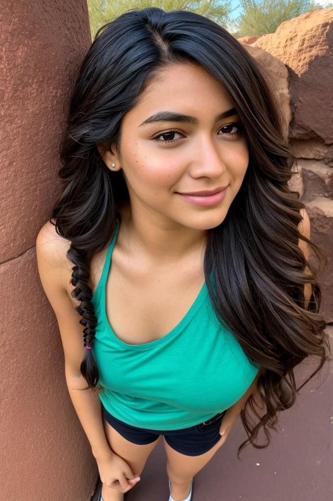 1 girl, age 25, long hair, hispanic, brown eyes, full body, realistic, with friends, at phoenix zoo