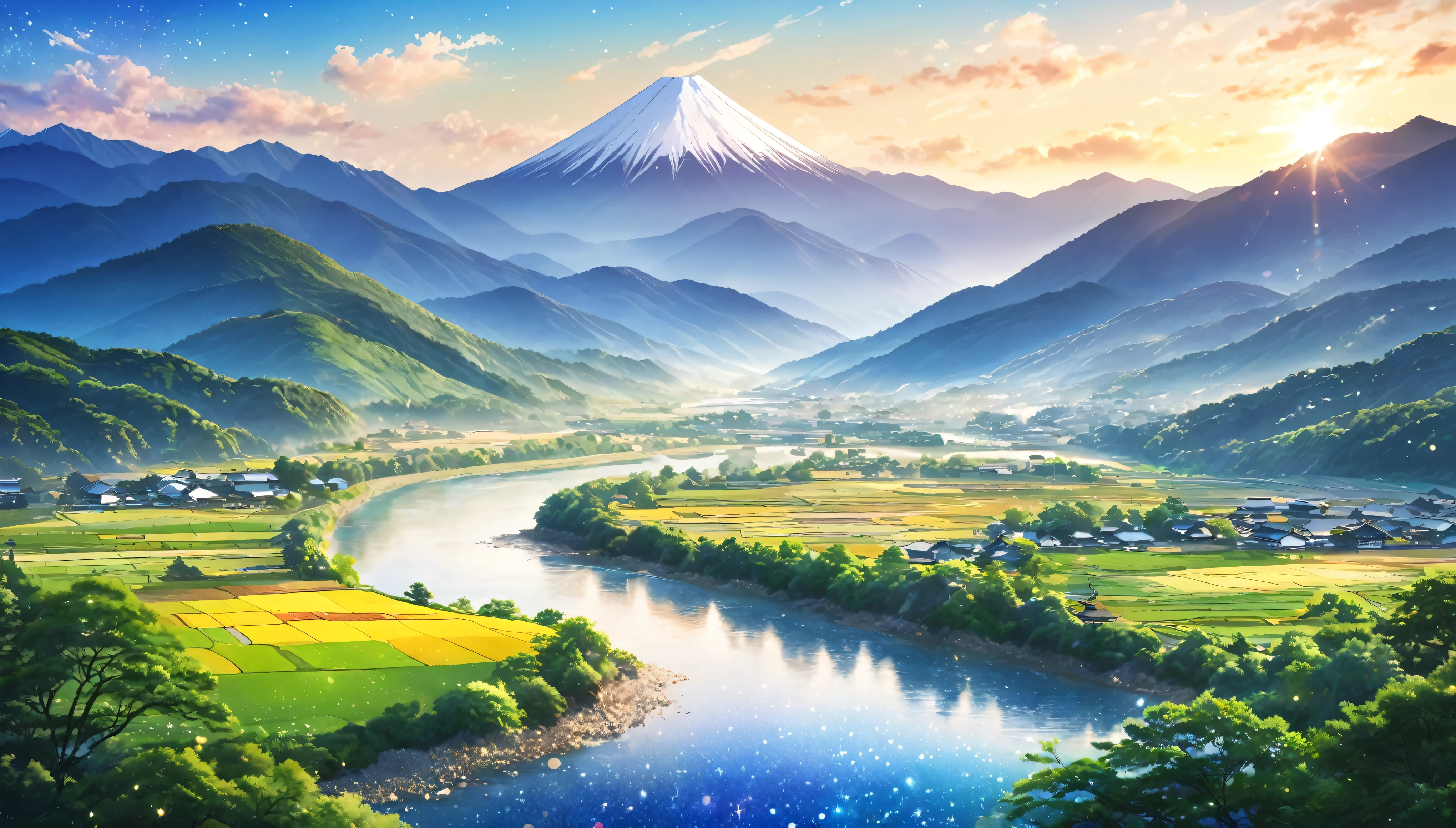 Japanese countryside,Beautiful Japan,Mountains and Rivers,Summer sky,Blur the background,Glitter effect,Highest quality, 8K, High resolution, masterpiece:1.2, Very detailed, Realistic:1.37, High resolution, 超High resolution, Ultra-fine painting, Very detailed, Professional, Vibrant colors