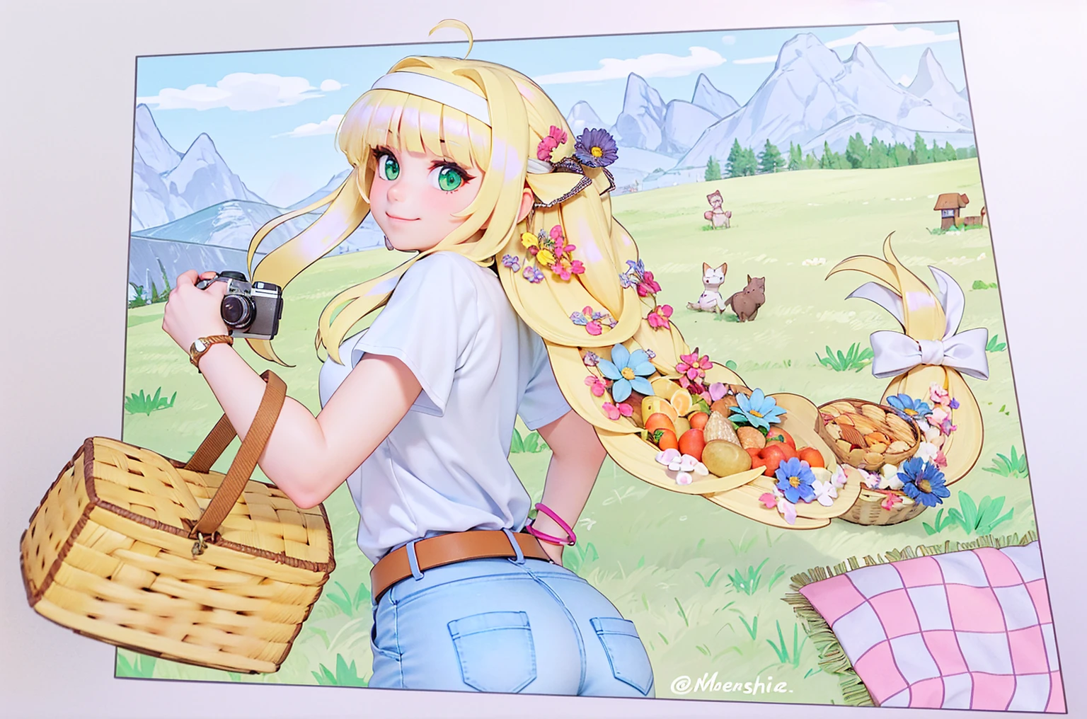 3D render of girl, long blondehair, hair bangs, holding camera and picnic basket, white t-shirt, denim jeans with brown belt, flowers, field scenery, green eyes, closed mouth smile, cute, big eyes, body facing back with head facing front