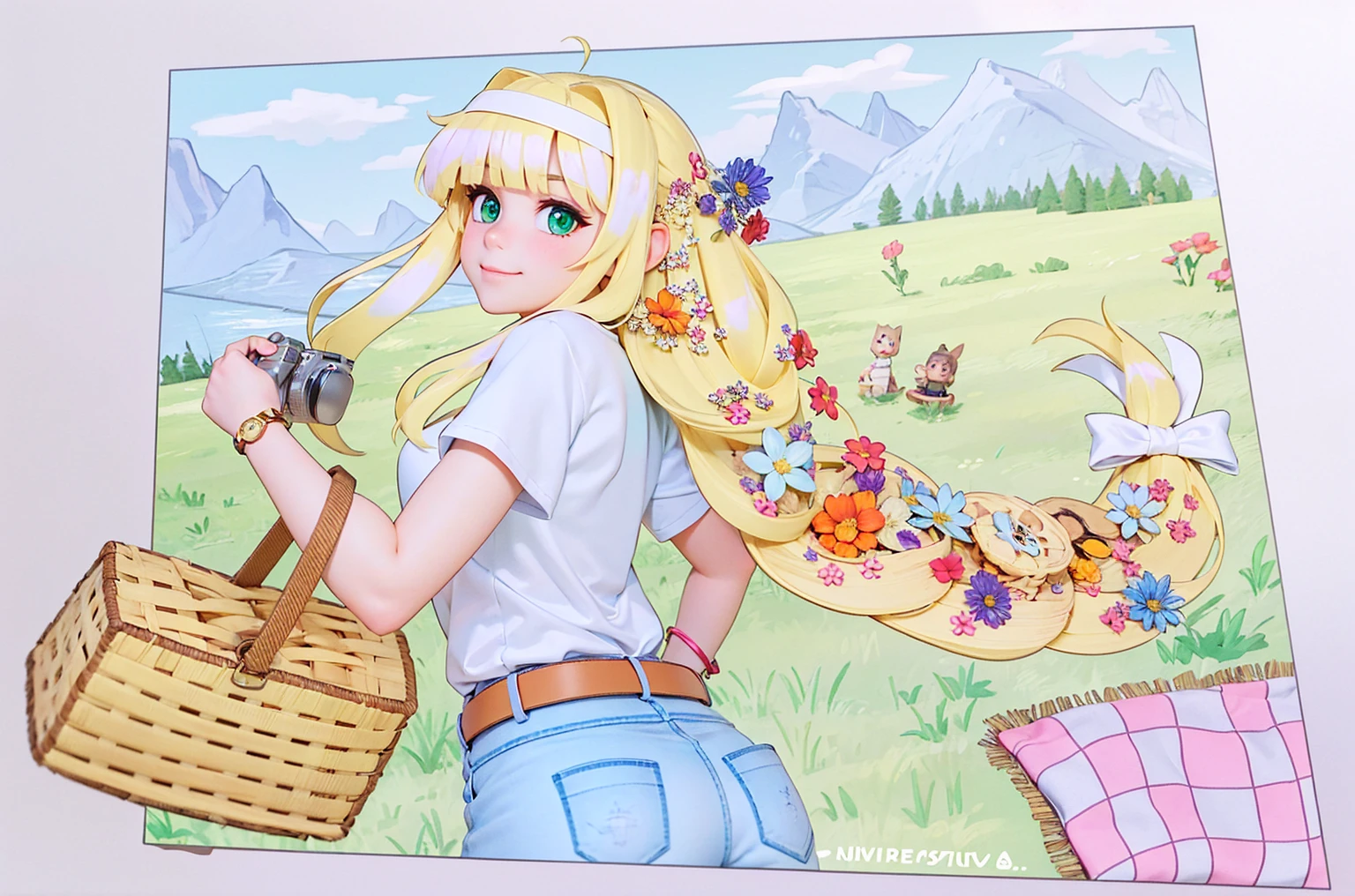 3D render of girl, long blondehair, hair bangs, holding camera and picnic basket, white t-shirt, denim jeans with brown belt, flowers, field scenery, green eyes, closed mouth smile, cute, big eyes, body facing back with head facing front